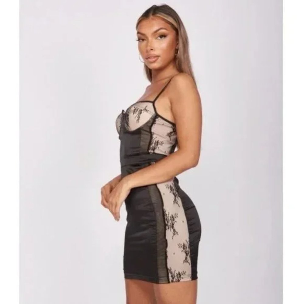 Black Satin Silk Sleeveless Bustier Bodycon Mini Dress - Picture 6 of 16